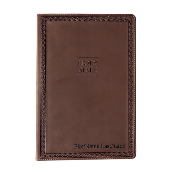 This is a custom engraved New International Version. This bible is leather and the border lines are stitched to make a clean looking book! Brown is the only color we currently carry. This is a great gift for a fellow Christian!