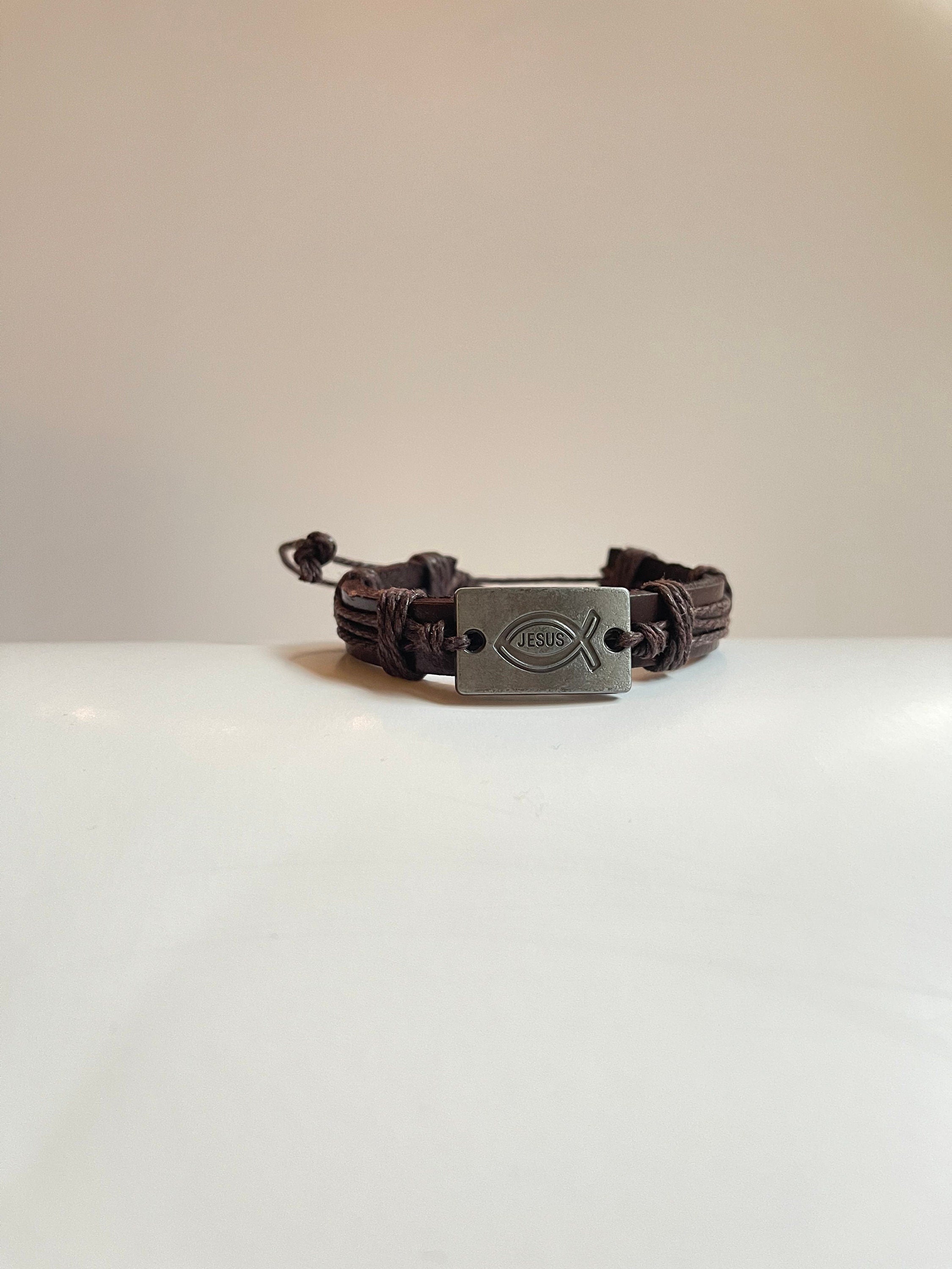 Leather Jesus Fish Bracelet, Unisex Christian Jewelry