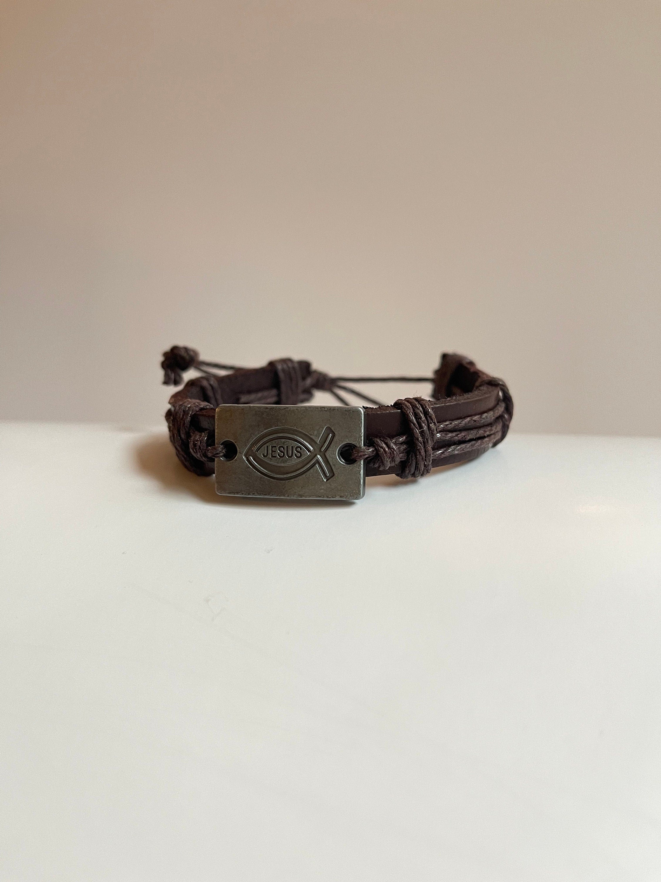 Leather Jesus Fish Bracelet, Unisex Christian Jewelry