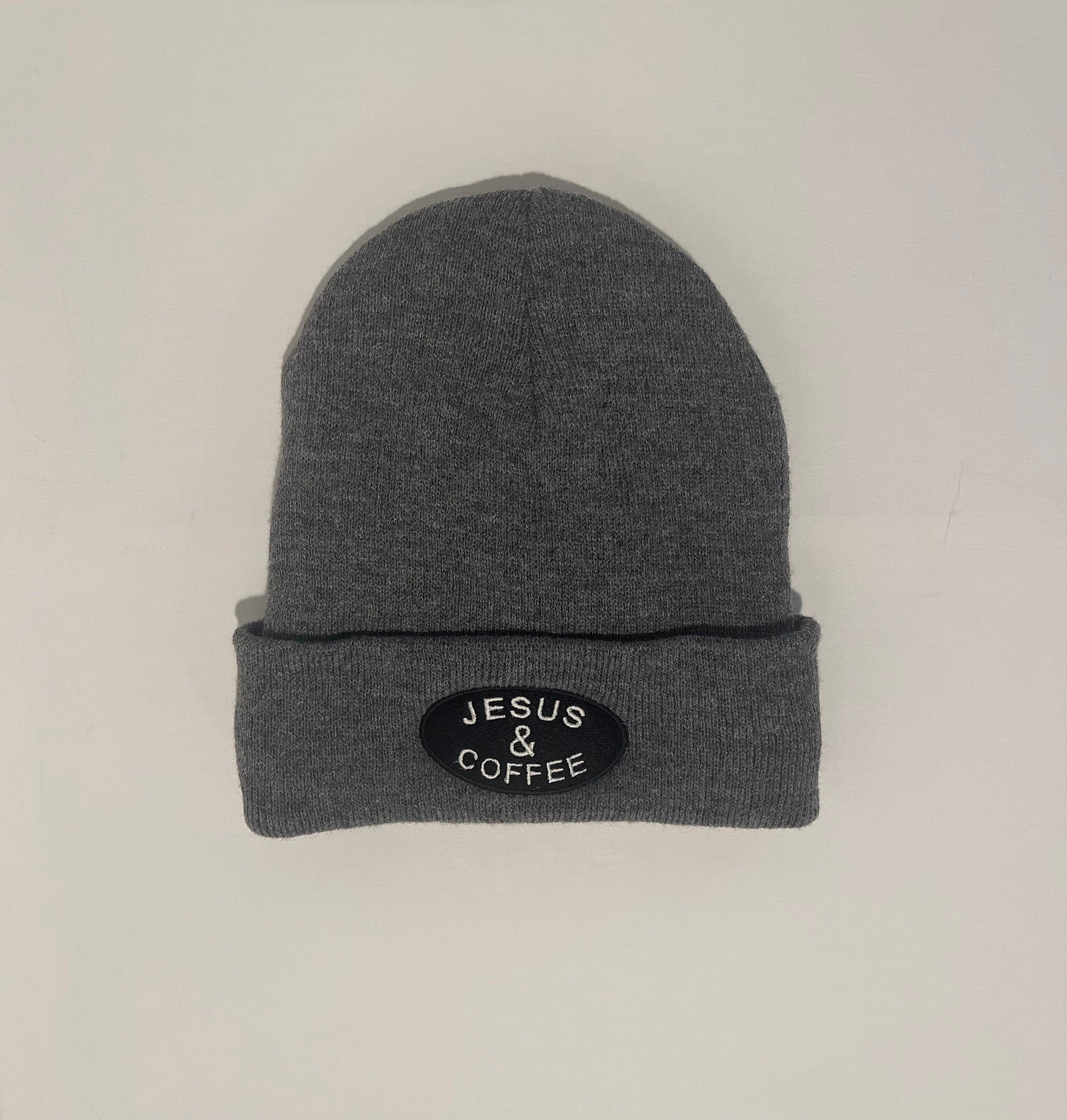 Jesus & Coffee Embroidered Beanie – Knit Cuffed Winter Hat