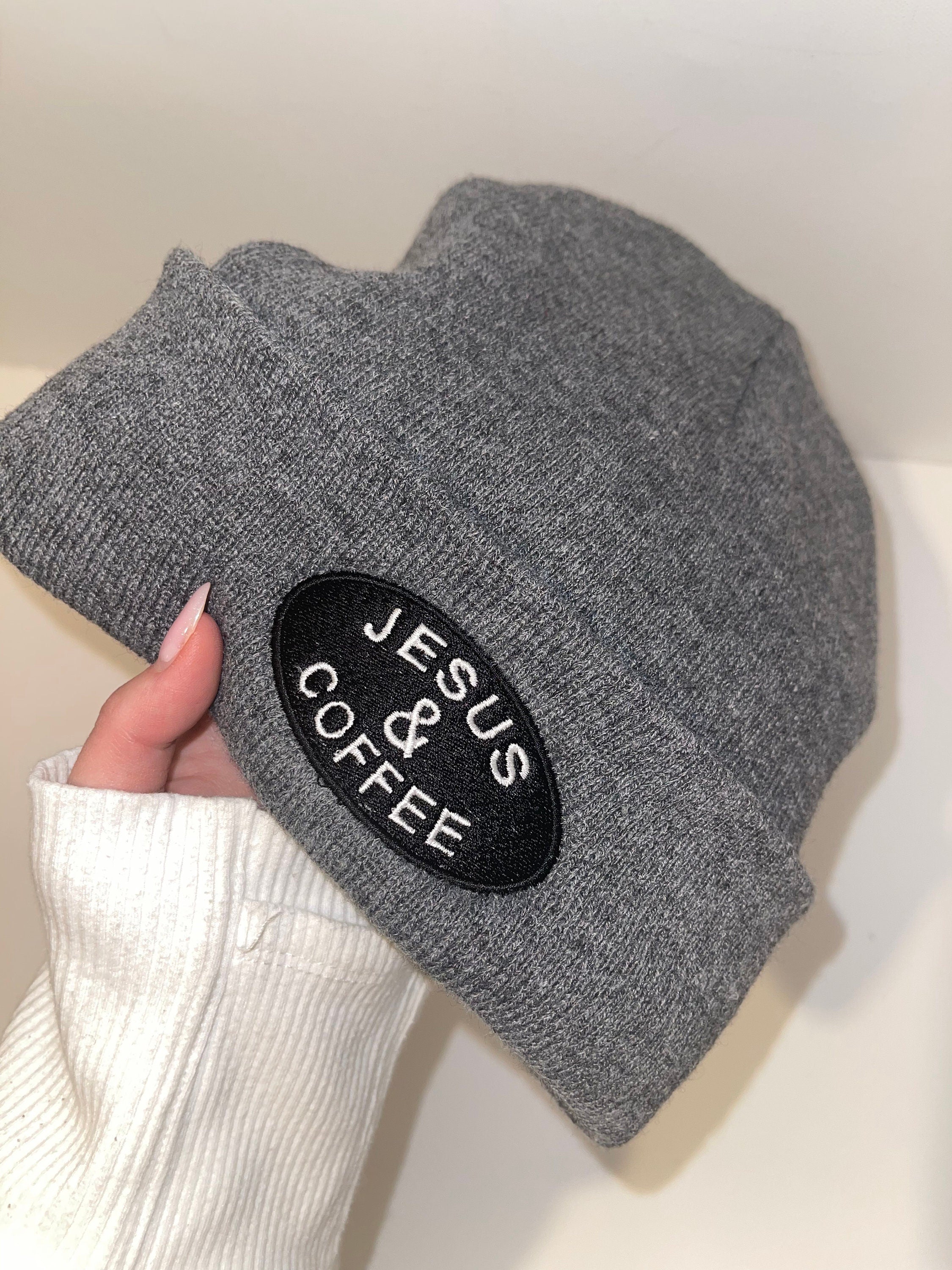 Jesus & Coffee Embroidered Beanie – Knit Cuffed Winter Hat