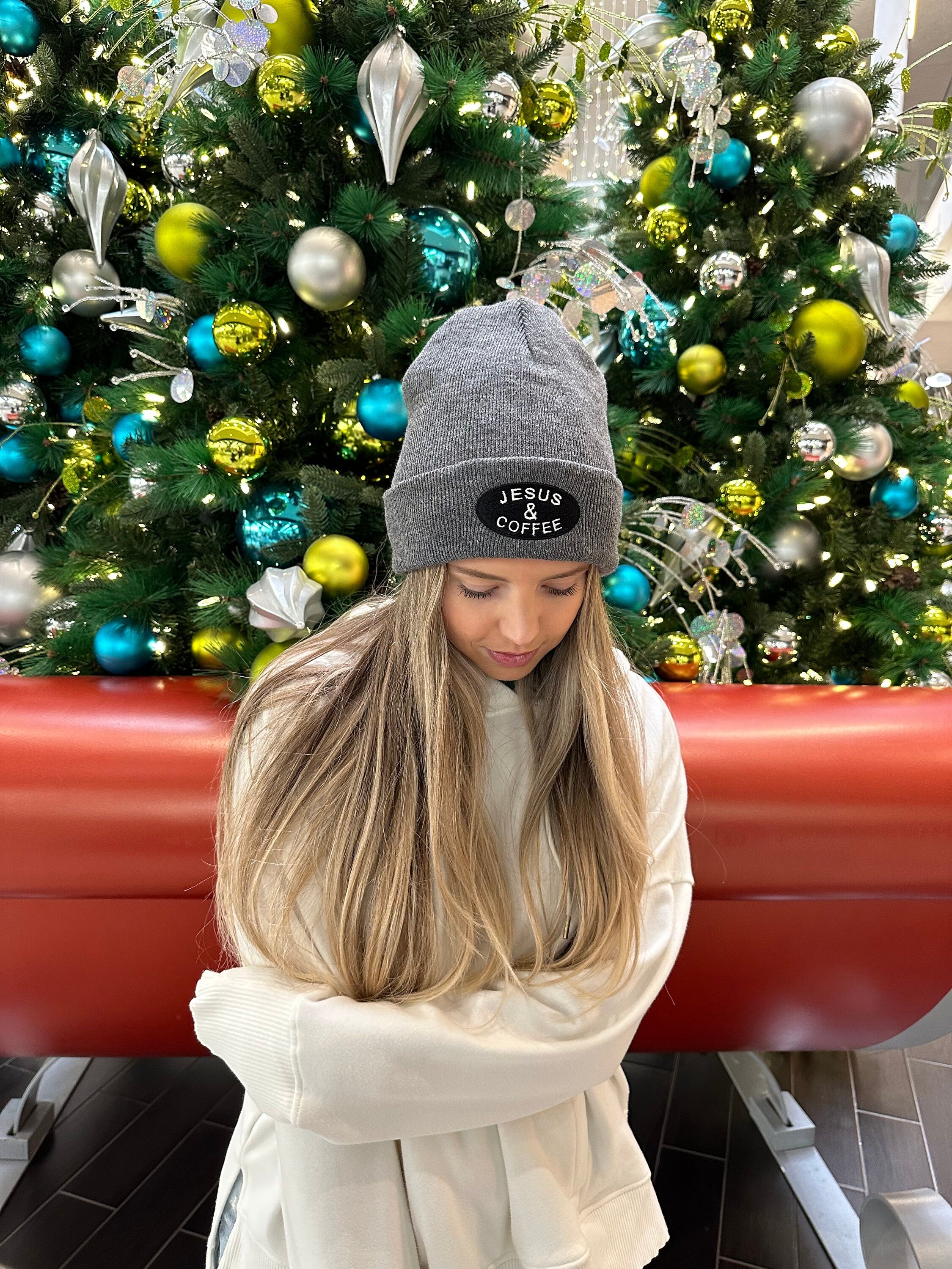 Jesus & Coffee Embroidered Beanie – Knit Cuffed Winter Hat