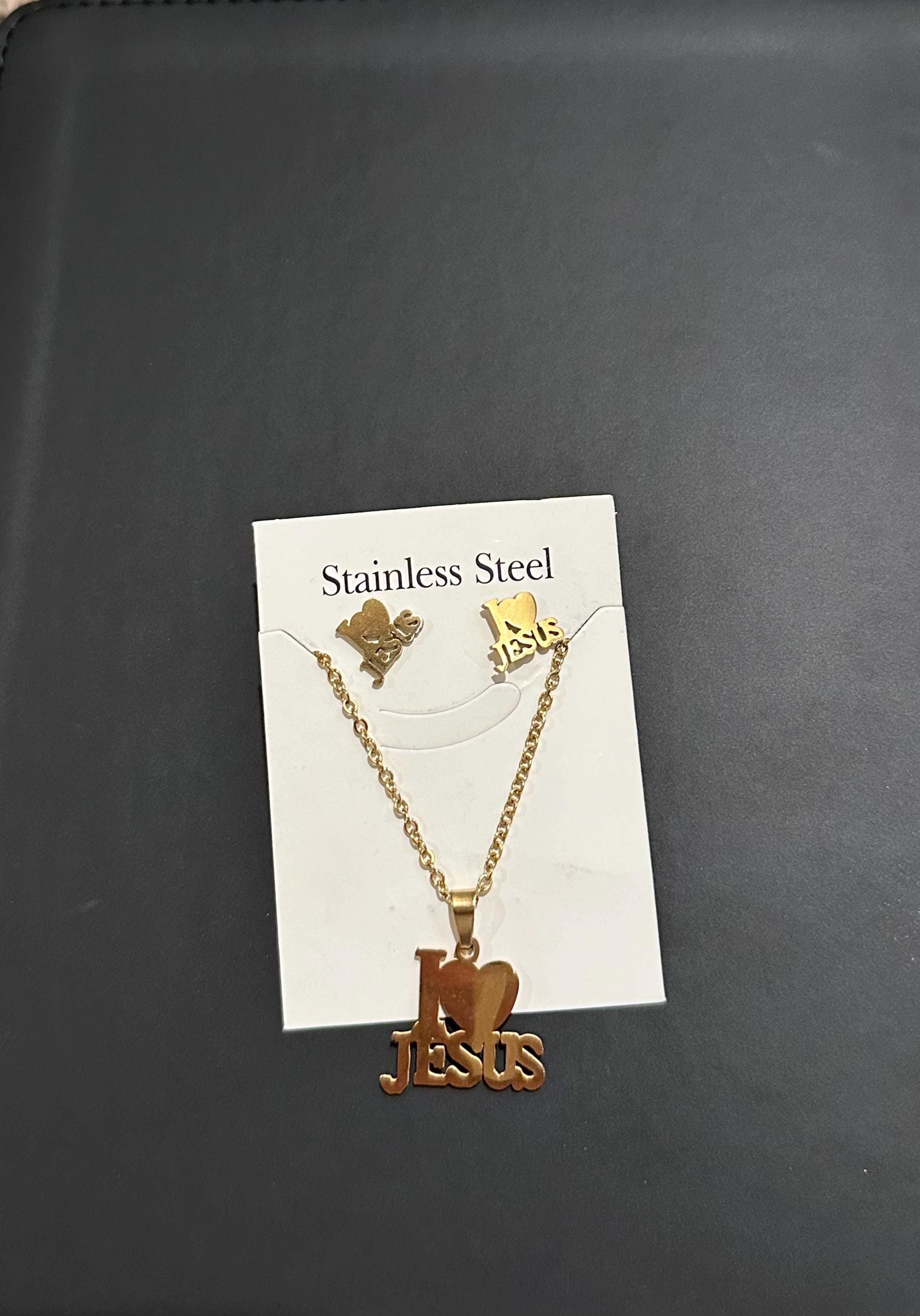 I Love Jesus Necklace and Earrings, Stainless Steel, Christian Jewelry