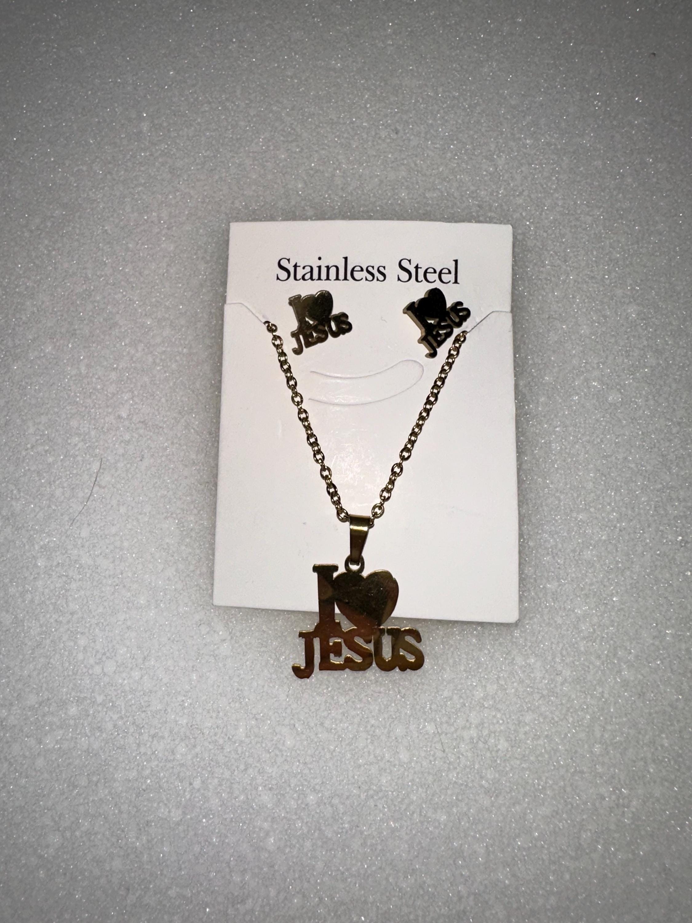 I Love Jesus Necklace and Earrings, Stainless Steel, Christian Jewelry